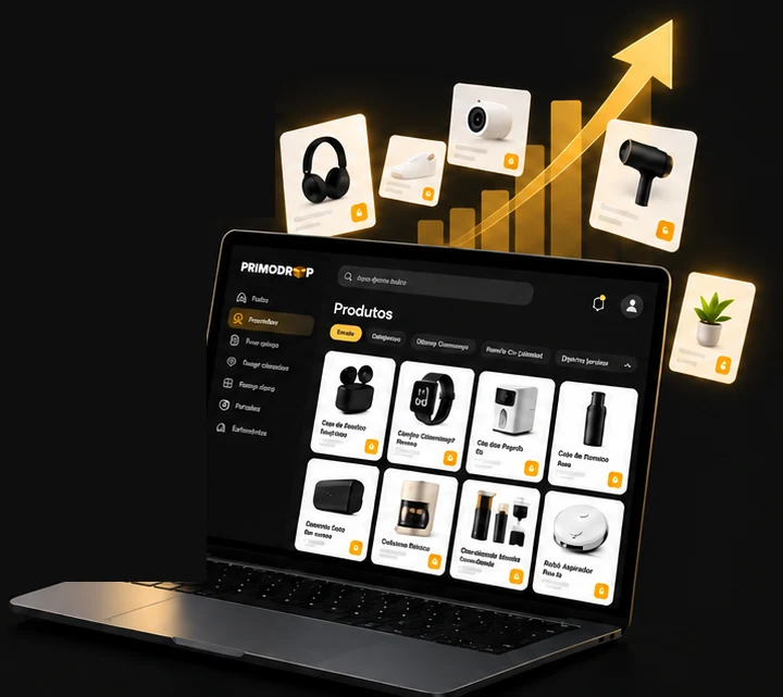 Painel da Primodrop com produtos e gráfico de vendas em alta